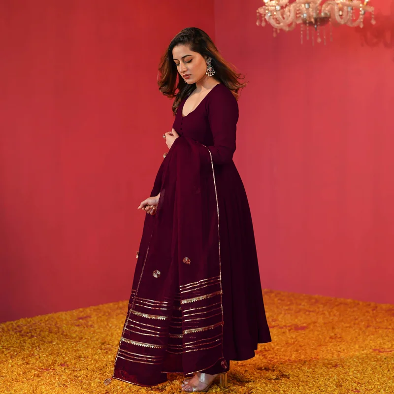 GoSriKi Wine GoSriKi Women's Rayon Blend Anarkali Solid Kurta with Pant & Dupatta (JAYNTI Wine-GS_3XL_Wine_XXX-Large) for Women | Best Price UAE